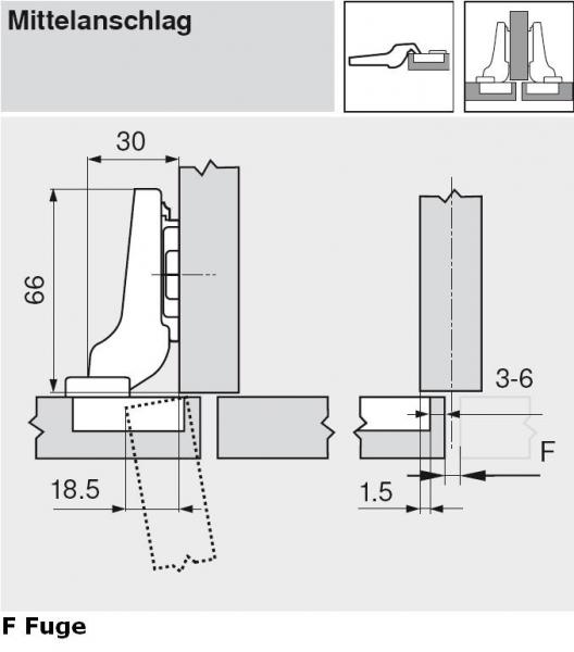 CLIP top Standardscharnier 100°, gekröpft, mit Feder, Topf: Schrauben